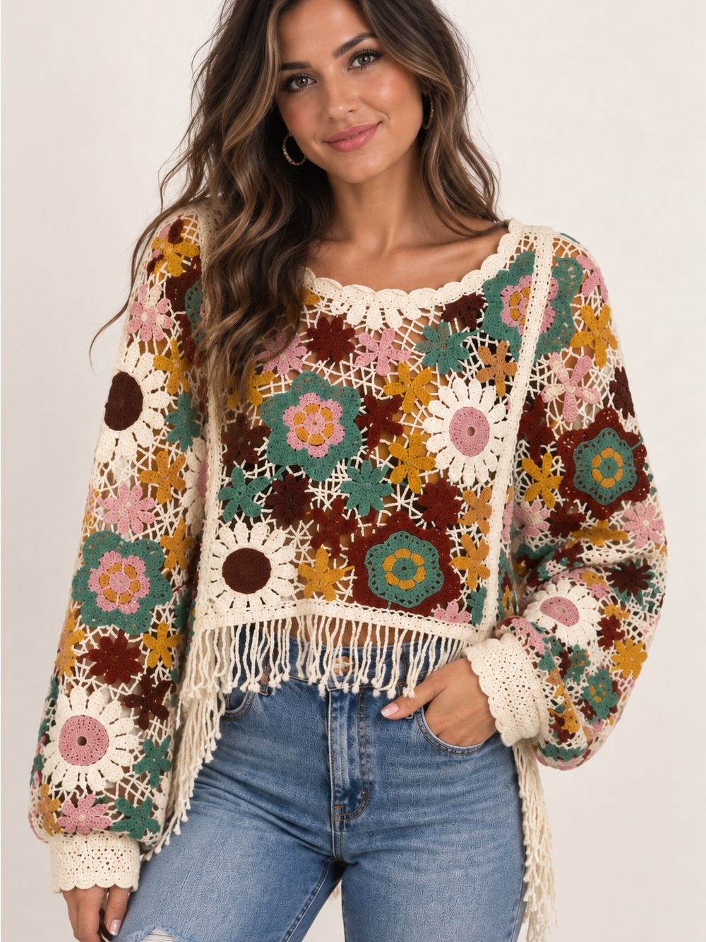 House of Harlow 1960 Cream Multi Crochet Floral Fringe Sweater